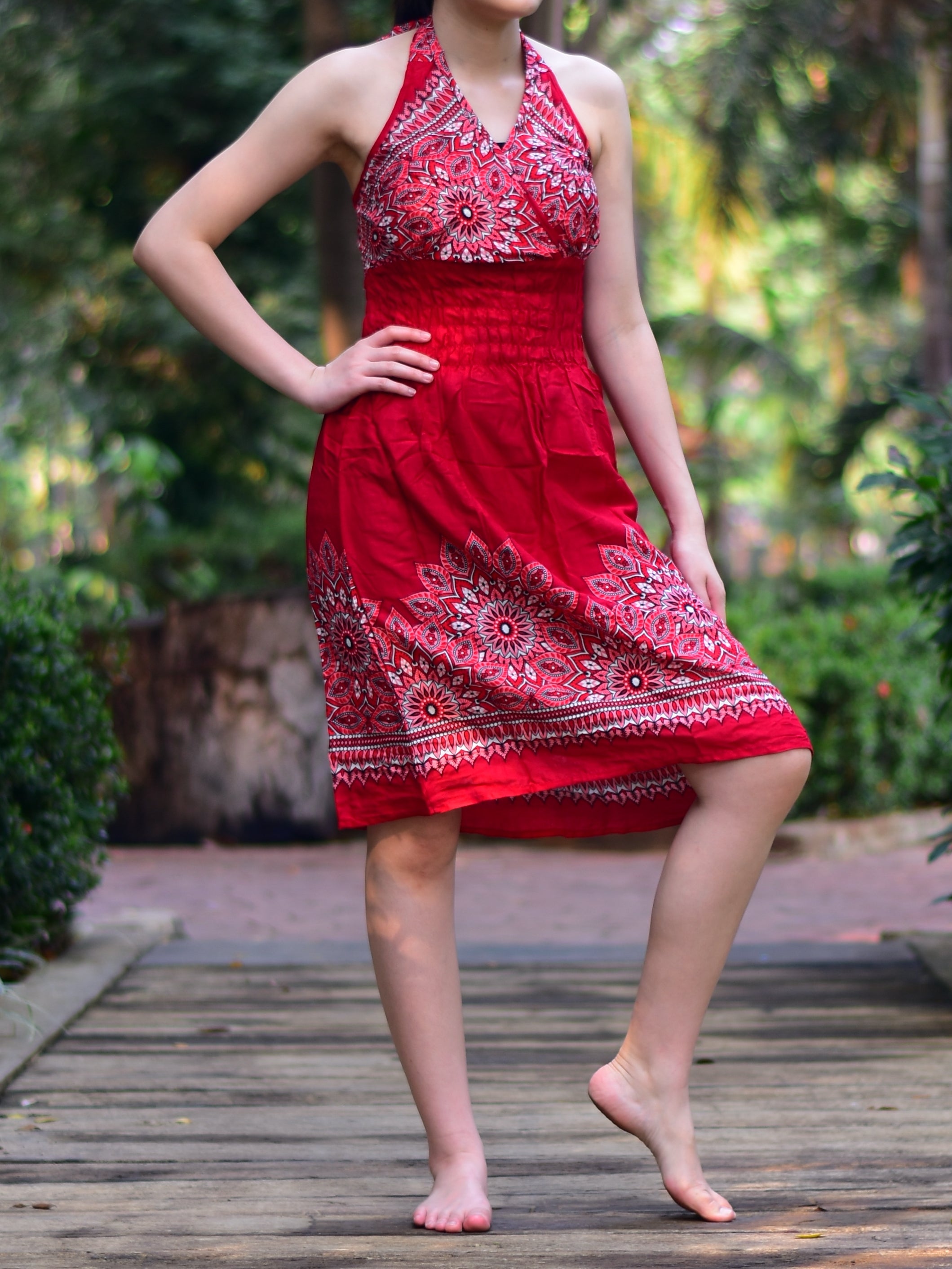 Bohotusk Red Tigers Eye Tie Neck Knee Length Dress showcasing a relaxed fit, tie neckline, and vibrant color, perfect for summer wear.